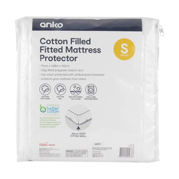 Cotton Filled Fitted Mattress Protector, Single Bed - Anko