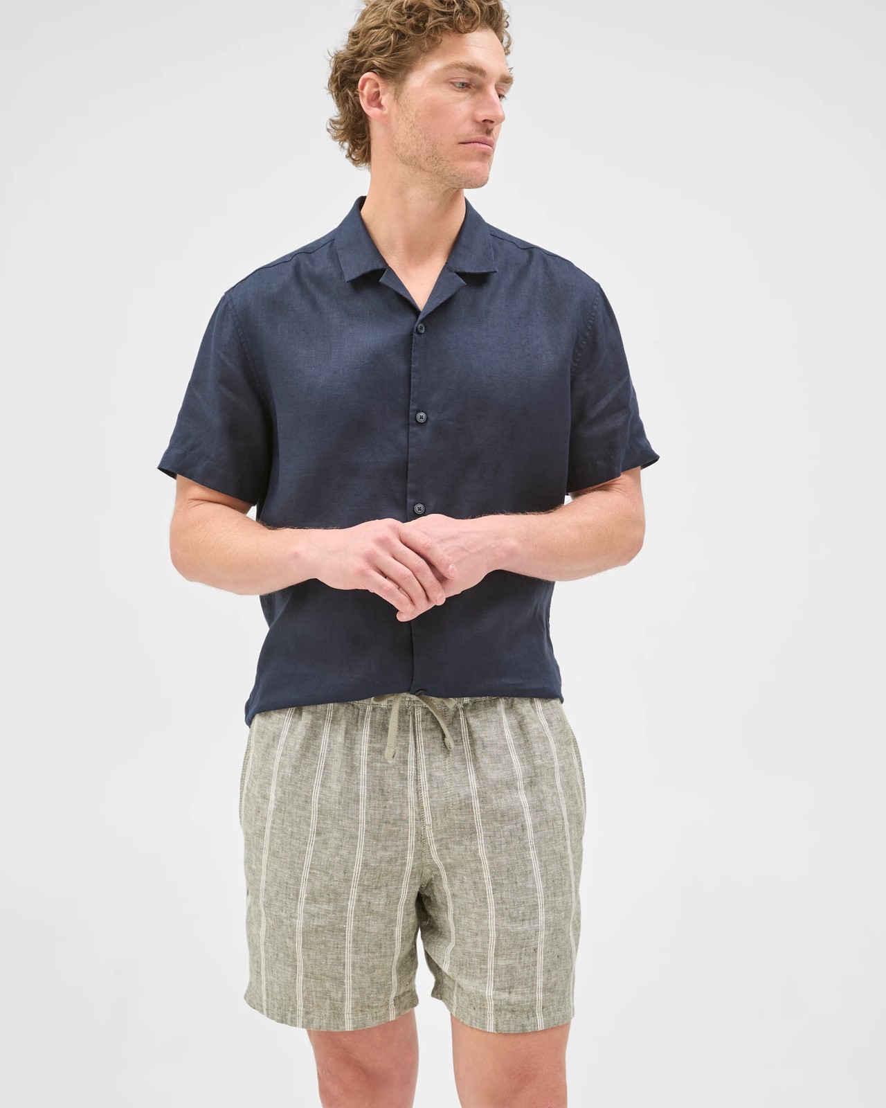 European Linen Elastic Waist Striped Shorts - Forest Fog 5 of 6