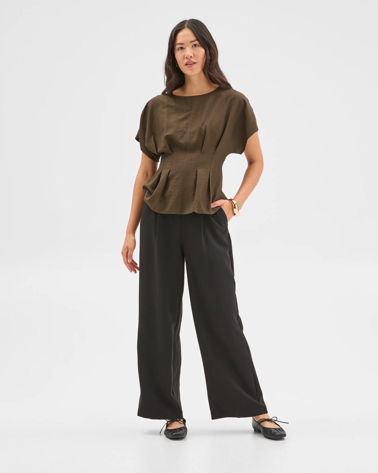 Preview Short Sleeve Femme Tuck Blouse - Dark Olive 2 of 6
