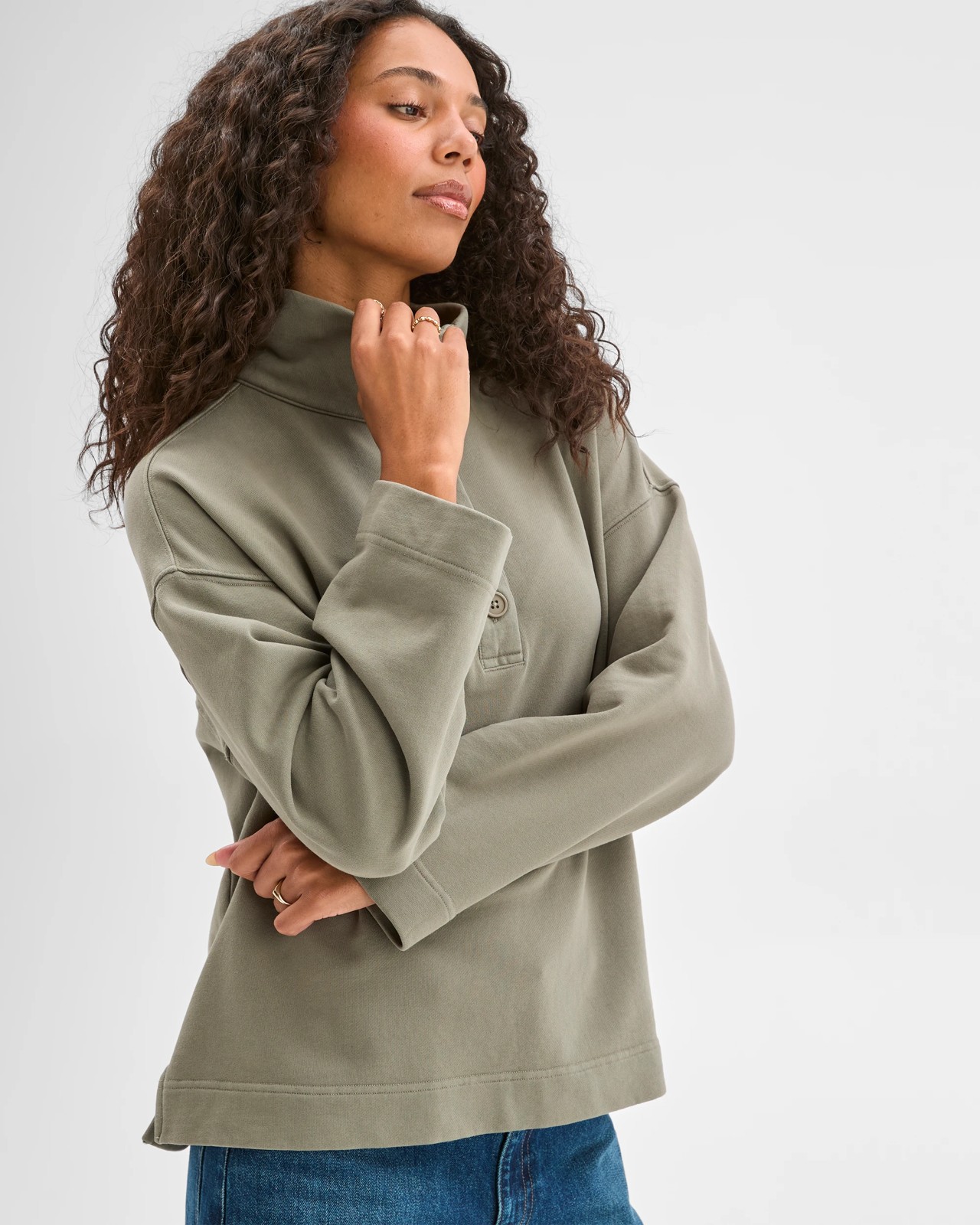 Australian Cotton Funnel Neck Button Front Jumper - Washed Olive 4 of 6