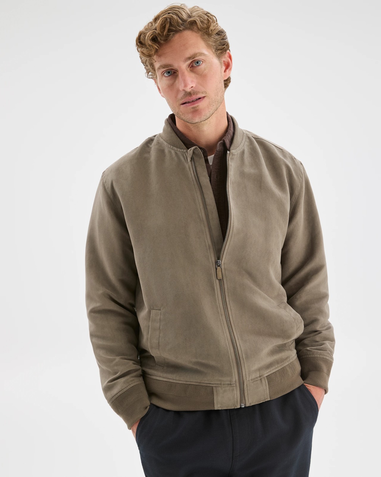 Faux Suede Bomber Jacket - Grey Olive 6 of 6