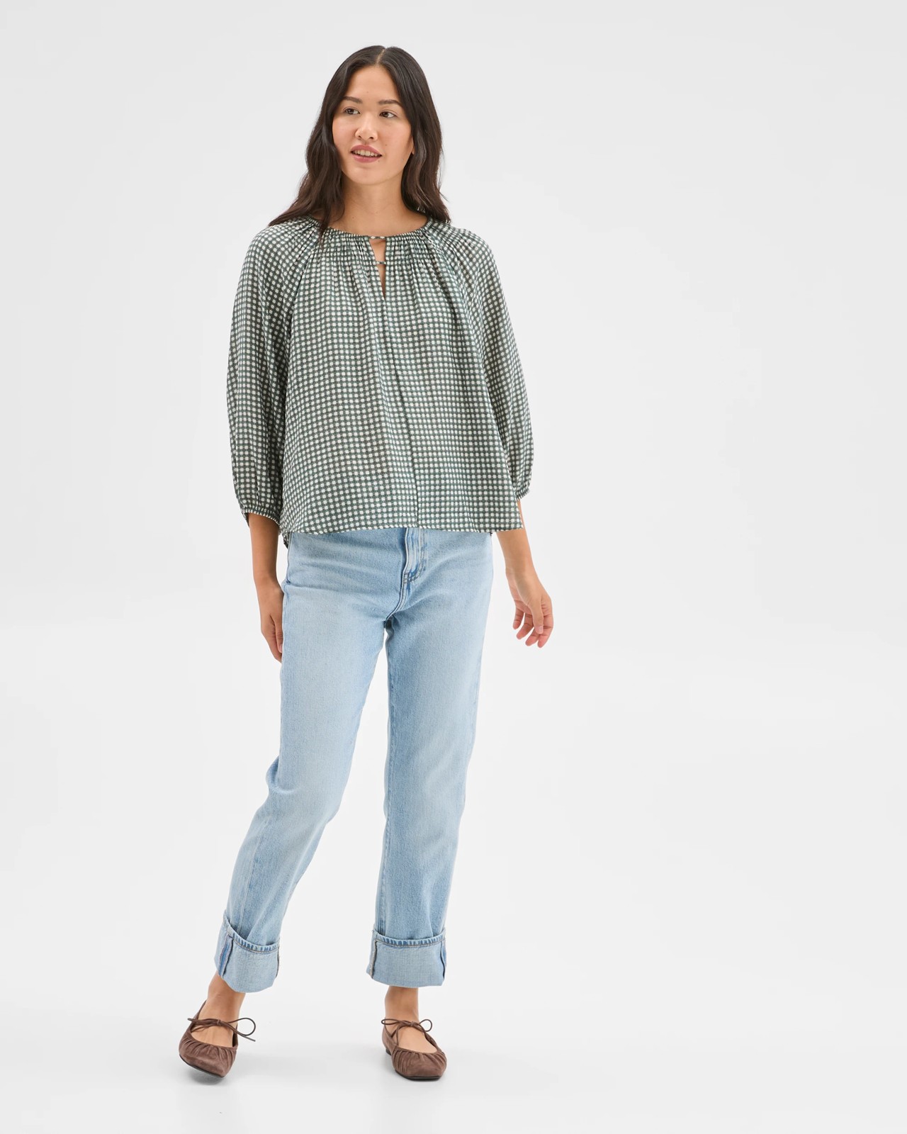3/4 Sleeve Neck Detail Blouse - Oregano Check 2 of 5