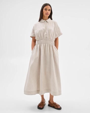 European Linen Shirred Waist Midi Dress