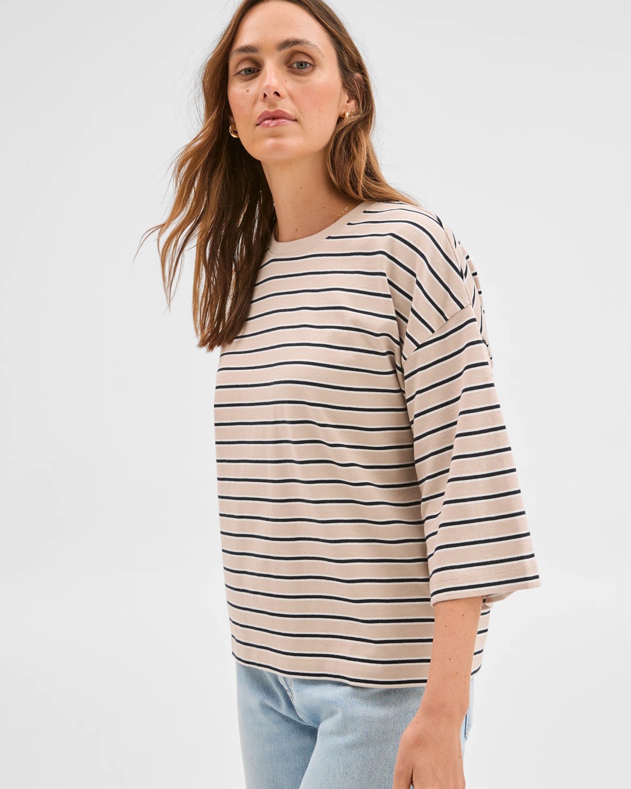 Australian Cotton 3/4 Length Wide Sleeve Boxy T-Shirt - Black/Birch/Cloud Dancer 3 of 5