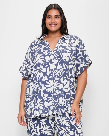 Plus Size Linen Blend Notch Neck Blouse