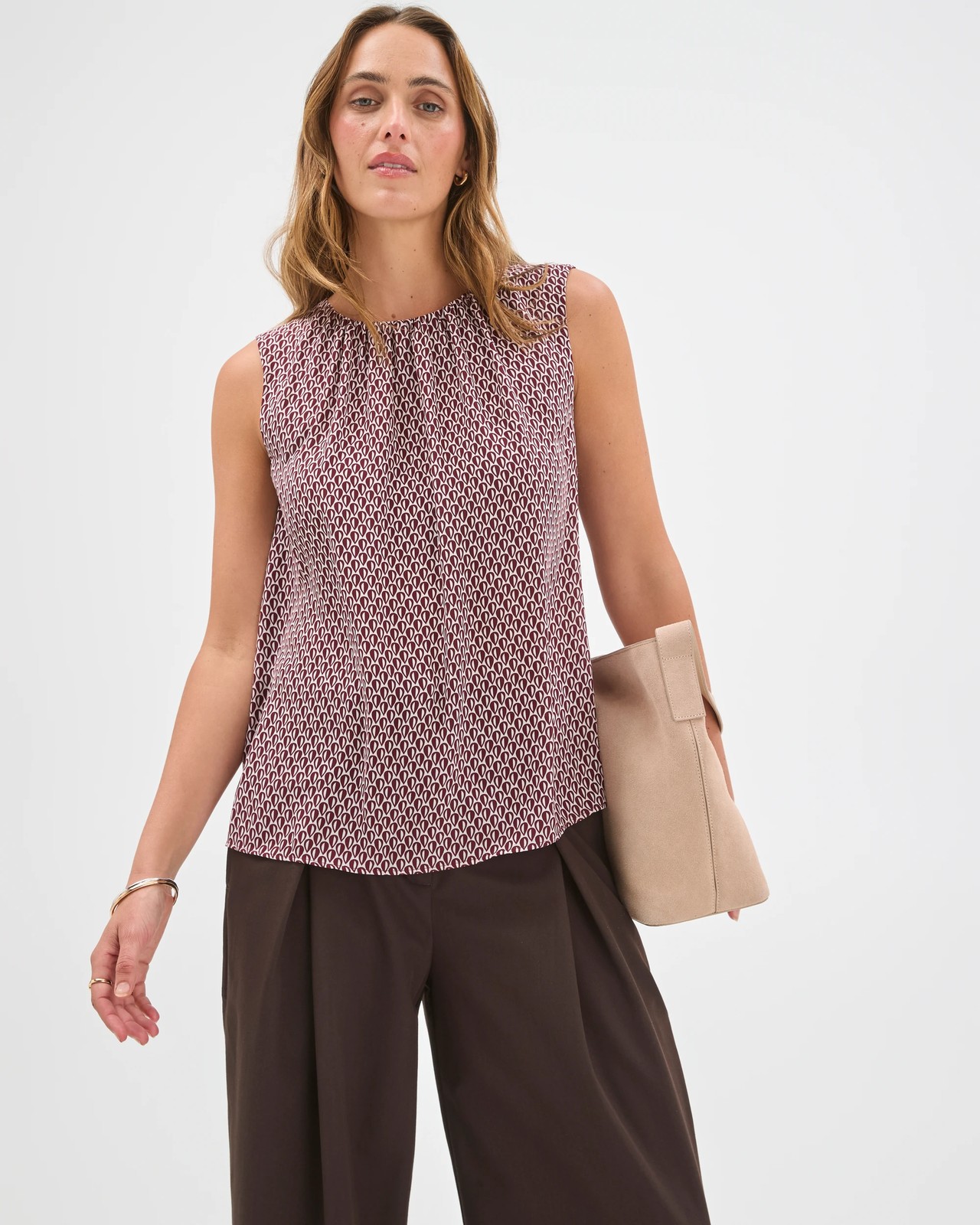 Preview Sleeveless Gathered Neck Blouse - Sangria Geo 2 of 5