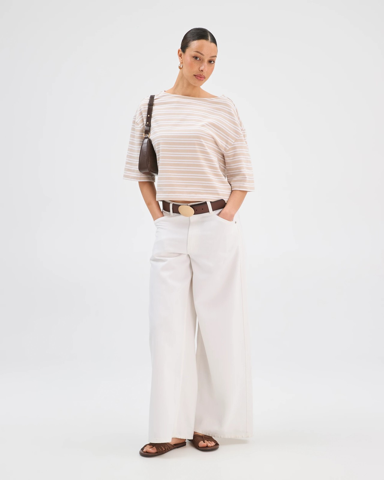 Australian Cotton Boat Neck Boxy T-Shirt - Neutral/White Stripe 3 of 5