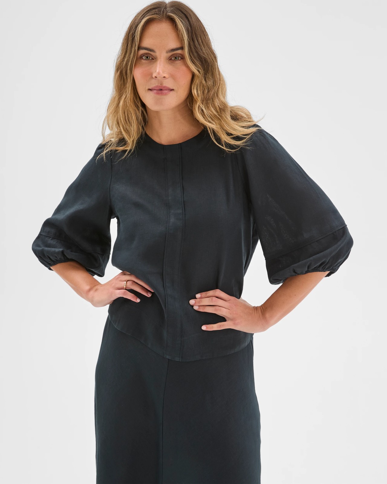 European Linen Femme Popover Blouse - Black 3 of 6