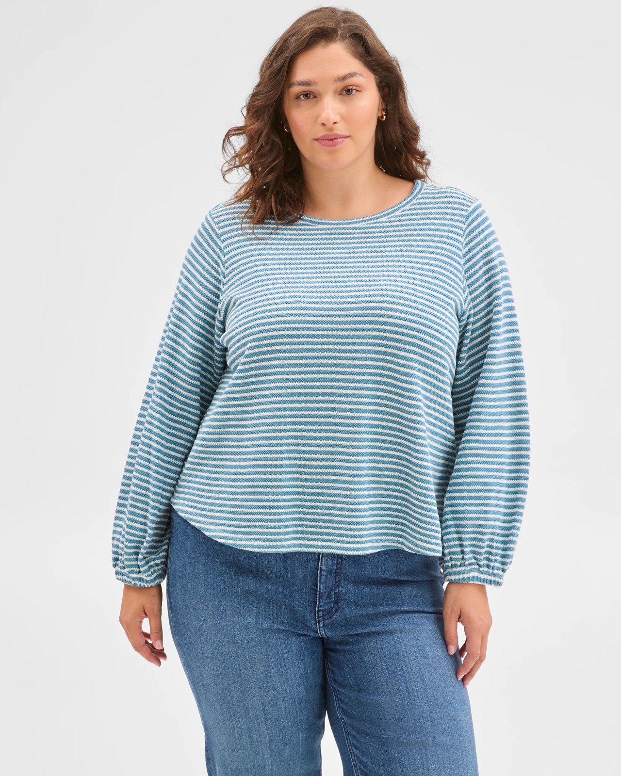 Plus Size Australian Cotton Long Sleeve Stripe Textured Top - Sea Teal/Cloud Dancer 3 of 6
