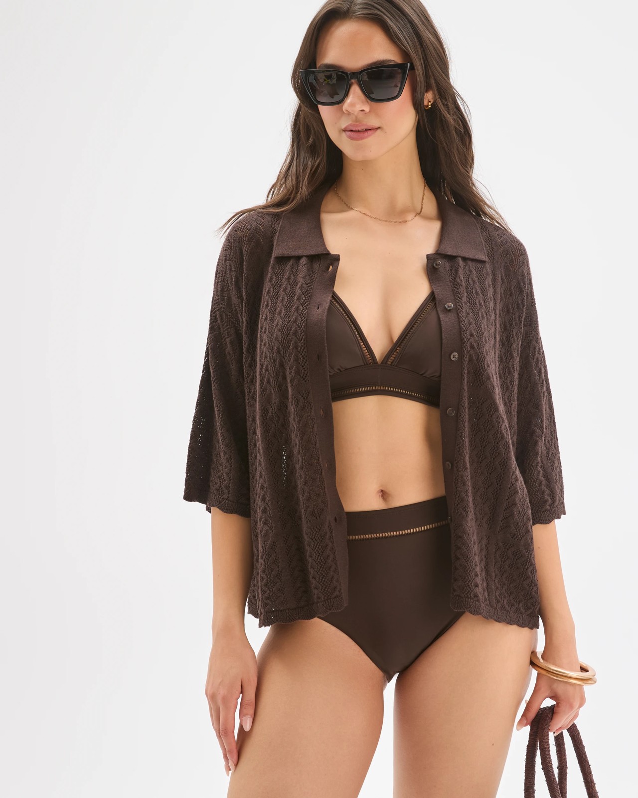 Shape Your Body Resort Ladder Trim High Waisted Matte Micro Swim Bikini Bottoms - Cocoa 6 of 6