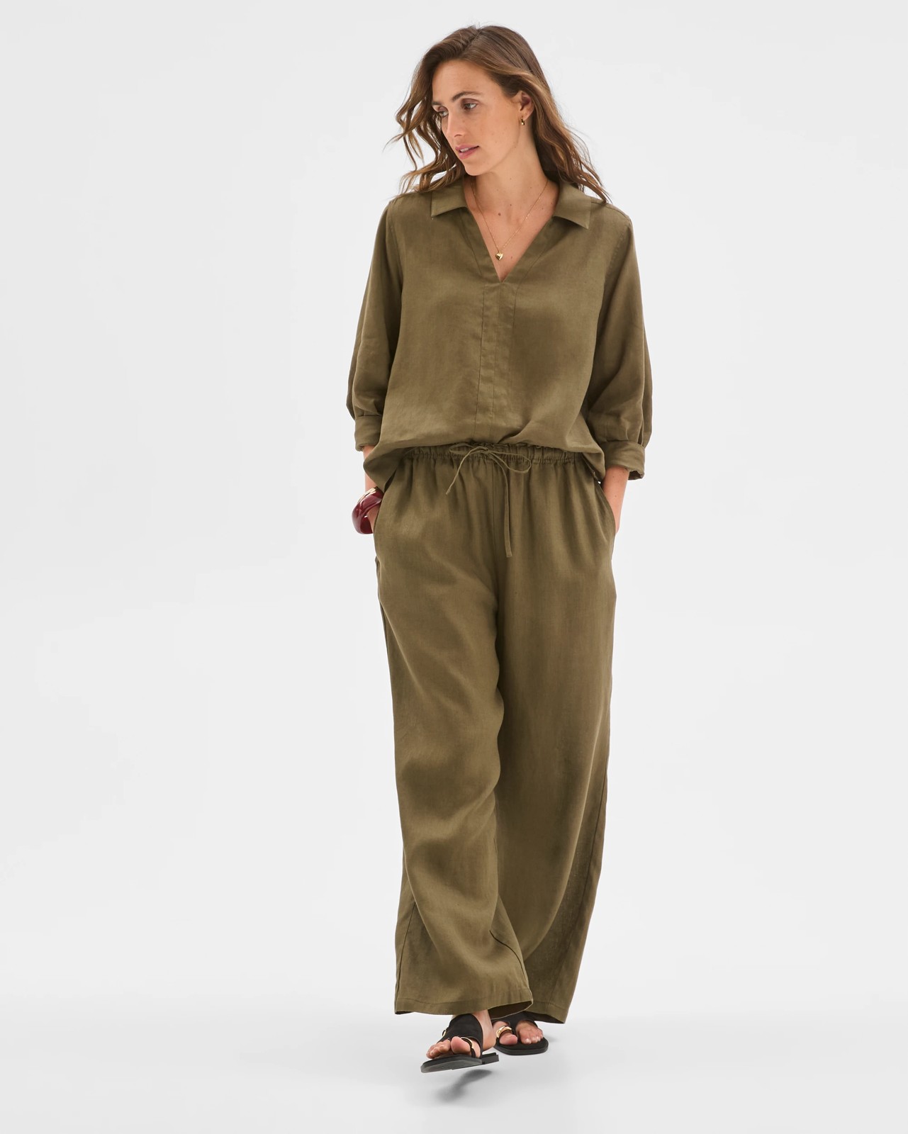European Linen Wide Leg Pants - Dusty Moss 2 of 6