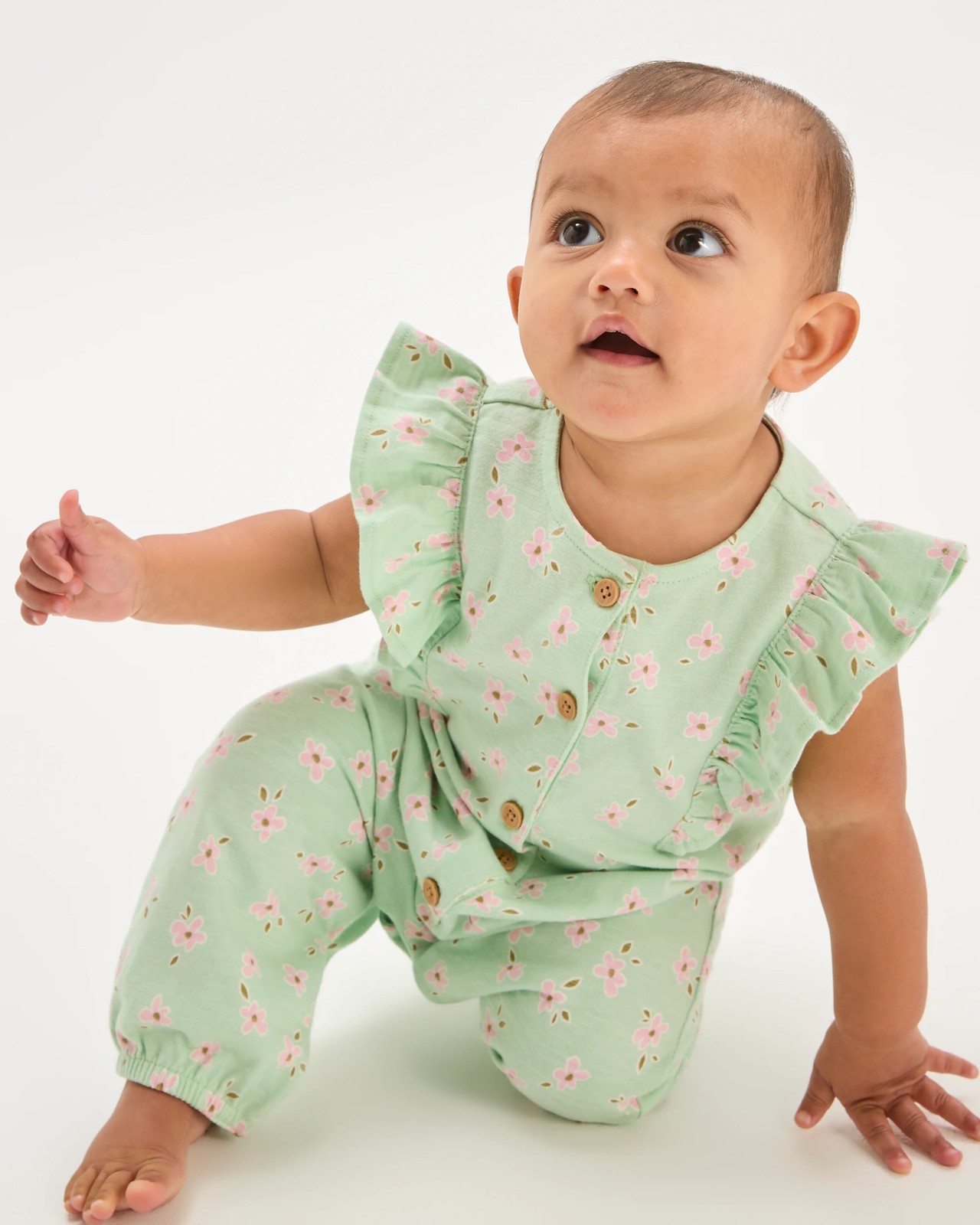 Baby Girls Organic Cotton Jersey Print Jumpsuit - Daisy Green 3 of 5