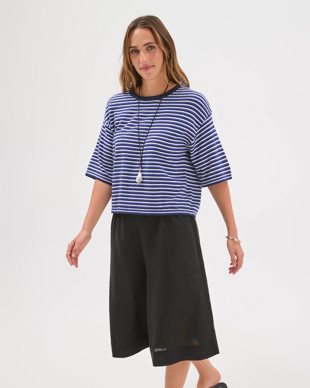 Australian Cotton Blend Drop Shoulder Boxy Knit T-Shirt - Multi Stripe 3 of 6