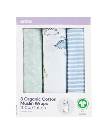 Anko 3 Pack Organic Cotton Muslin Wraps- Dino