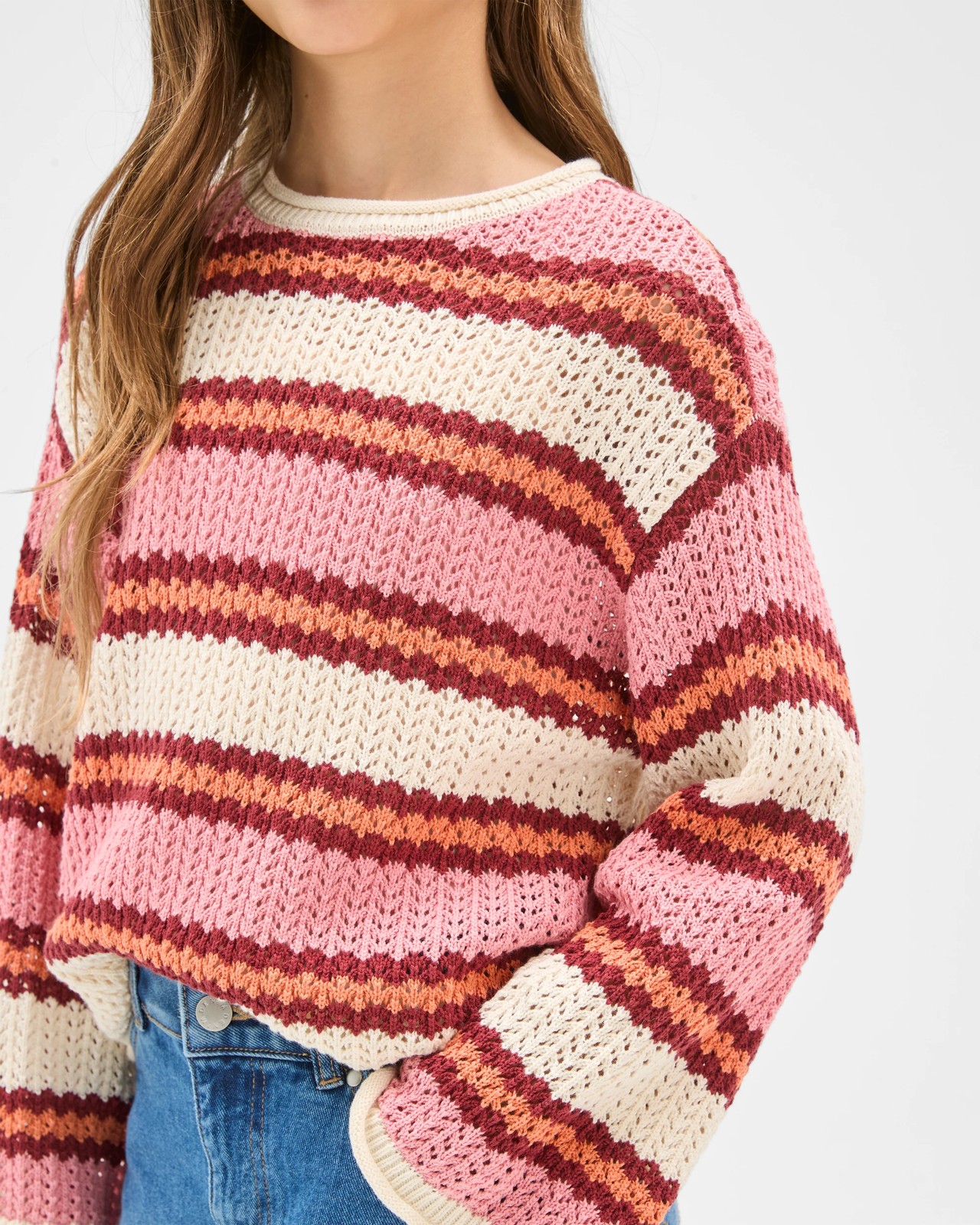Australian Cotton Crochet Knit Jumper - Stripe Pink 3 of 6