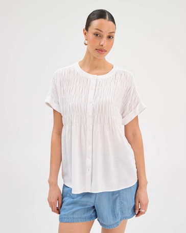 Short Sleeve Shirred Button Through Top