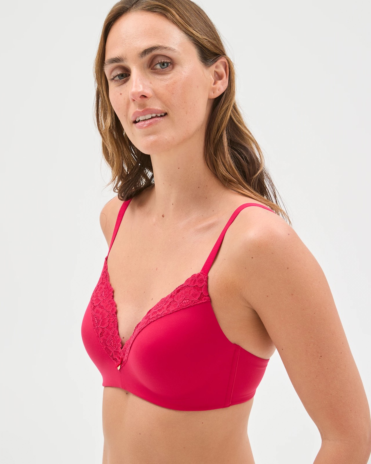 Lace Trim Overlay Wirefree T-Shirt Bra - Persian Red 2 of 3