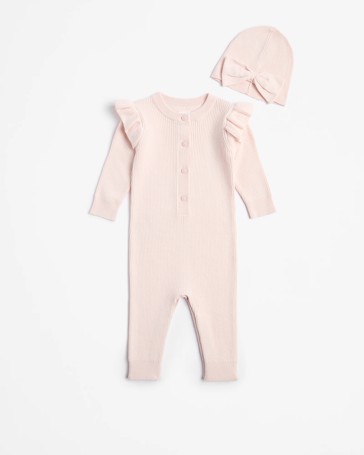 Baby Organic Cotton Rib Knit Ruffle Romper and Beanie