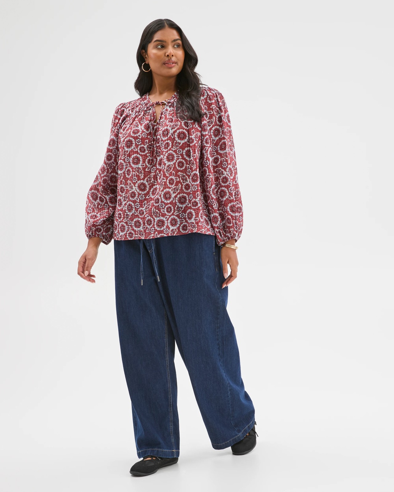 Plus Size Long Sleeve Printed Gather Detail Blouse 3 of 6