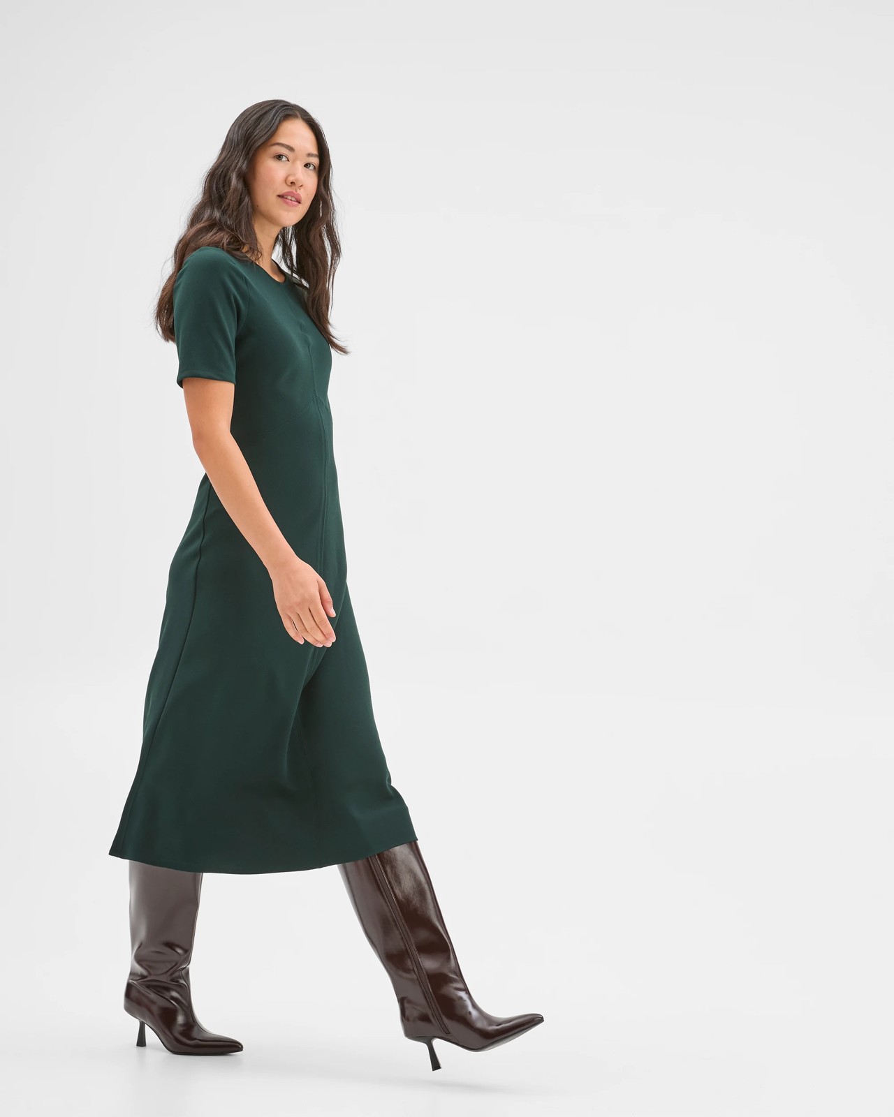 Preview Short Sleeve Midi Crepe Woven Dress - Mid Jade 2 of 5