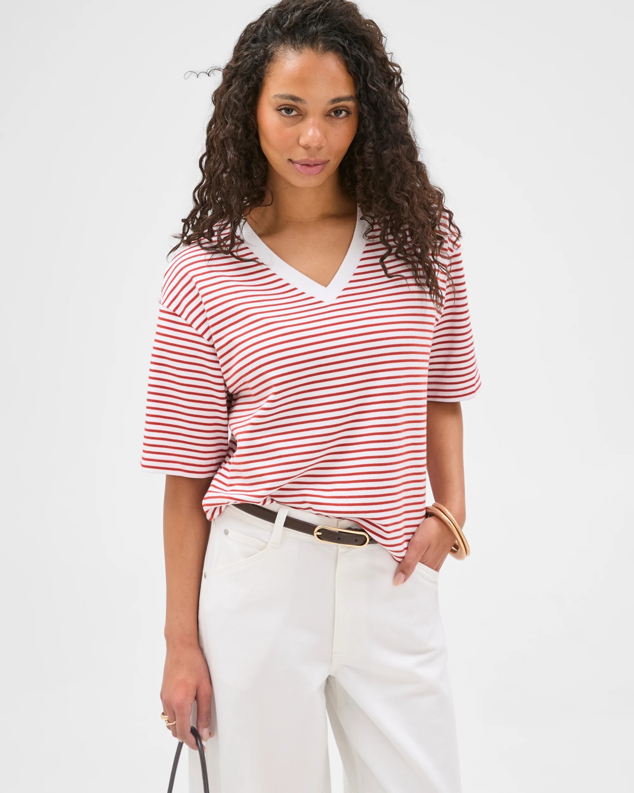 Australian Cotton Heavyweight V-Neck Boxy T-Shirt - Red Stripe 2 of 6