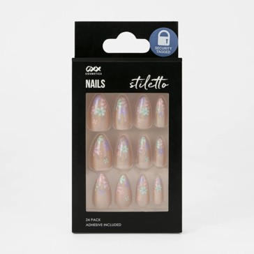 24 Pack False Nails with Adhesive, Stiletto Shape, Pastel Flowers - OXX Cosmetics