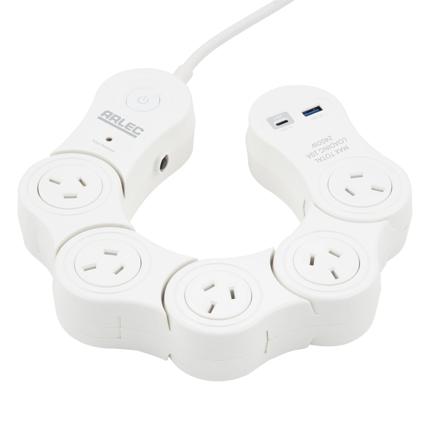 Arlec 5 Outlet Foldable Snake Powerboard with USB-A and USB-C 2 of 3
