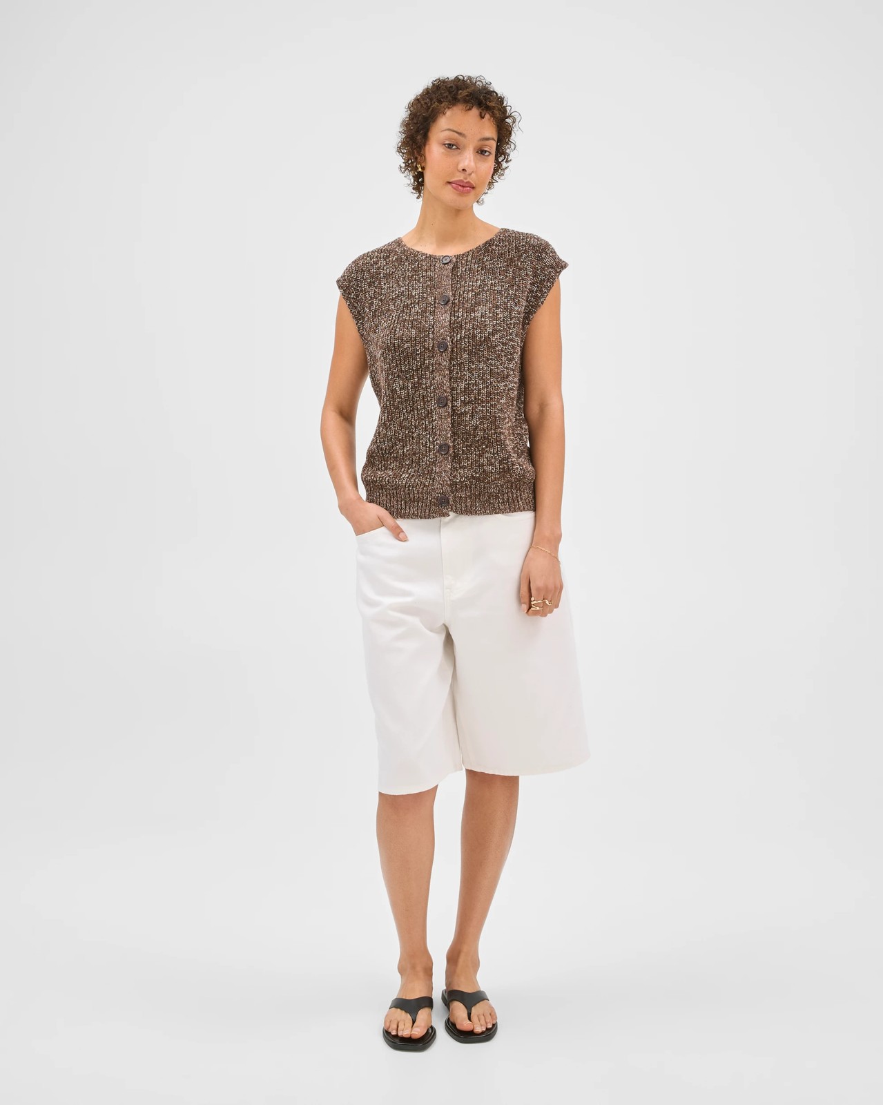 Australian Cotton Button Through Twist Knitted Vest - Coffee 2 of 6