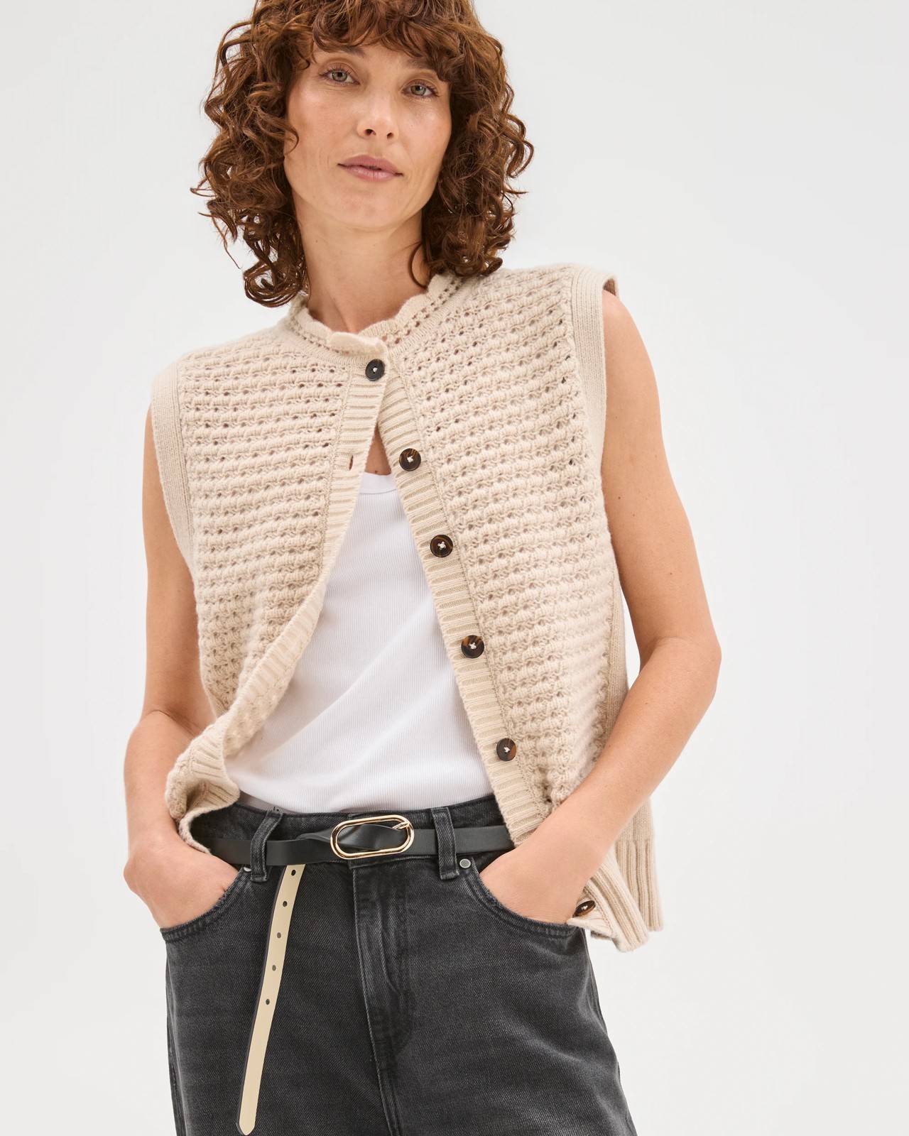 Basket Stitch Ruffle Neck Vest 2 of 5