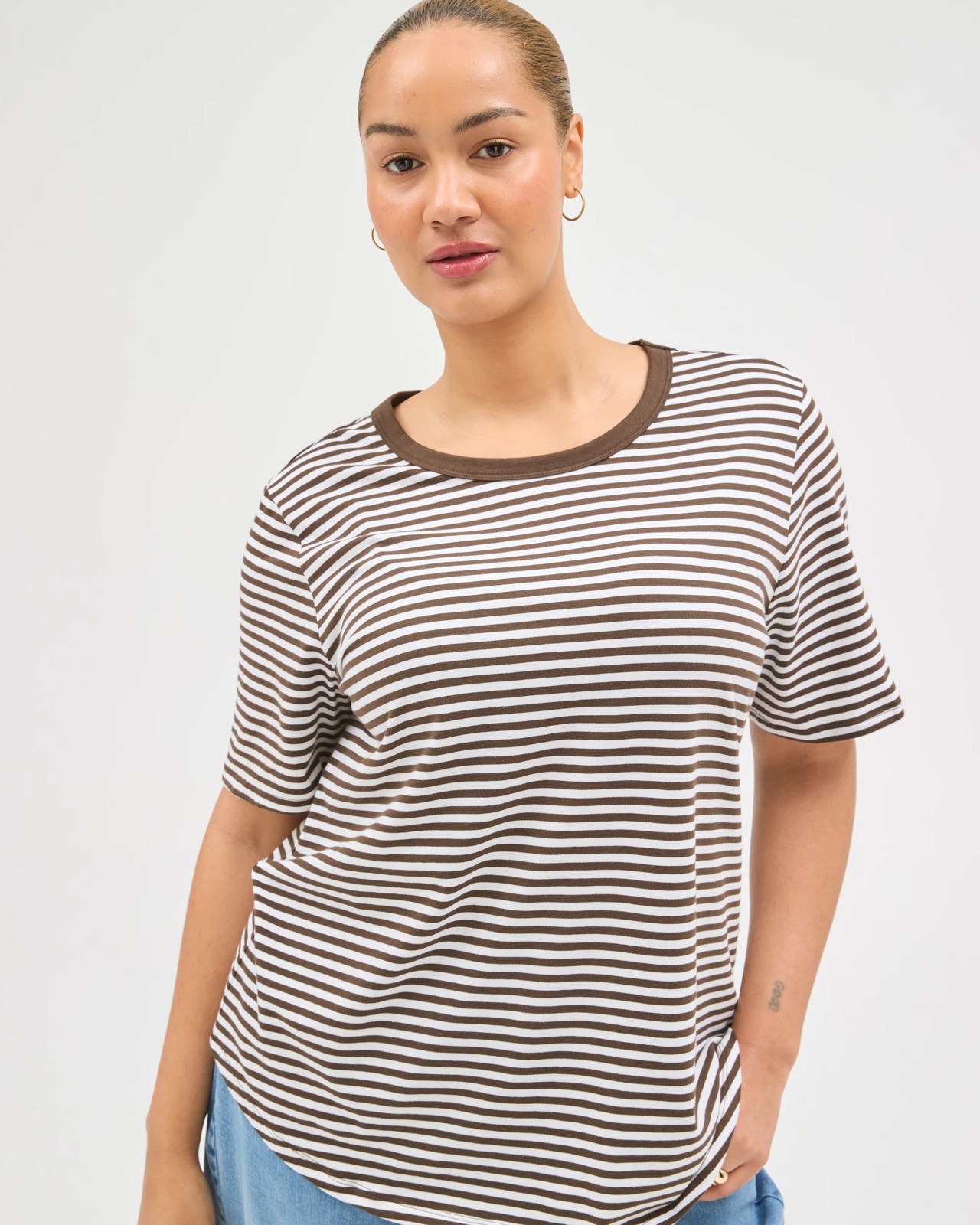 Plus Size Australian Cotton Crew Neck T-Shirt - Chocolate/White Stripe 4 of 6