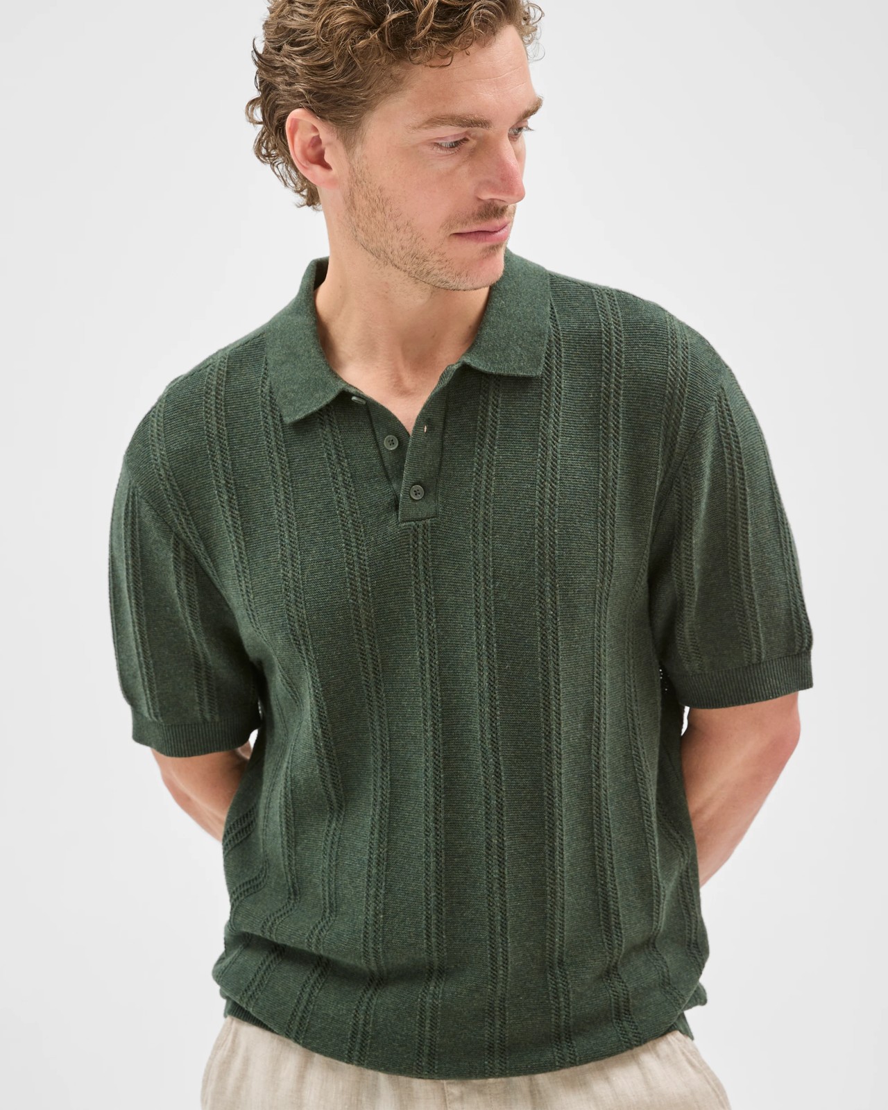 Australian Cotton Textured Stripe Knit Polo Top - Green 3 of 6
