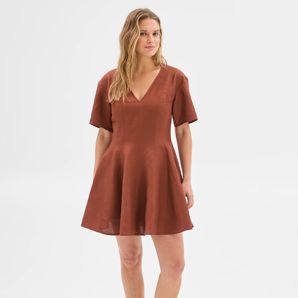 European Linen Blend Pleat Mini Dress
