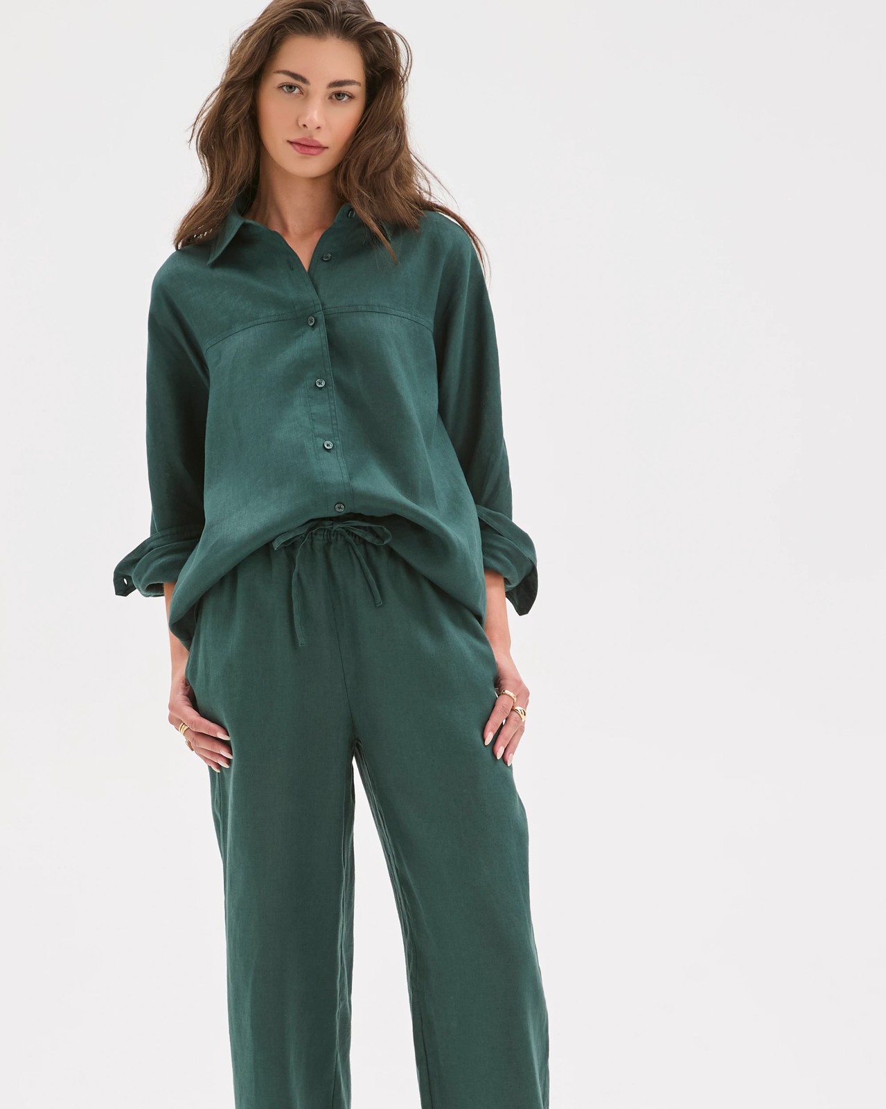 Petites European Linen Straight Leg Pants - Deep Green 2 of 5