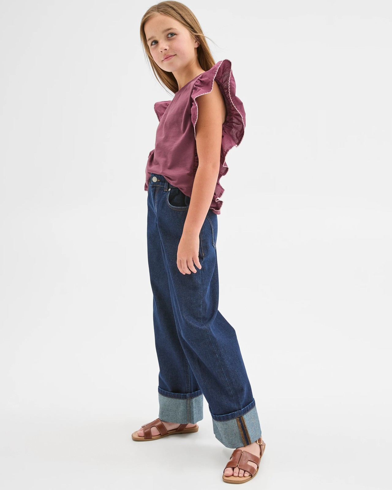 Wide Leg Cuffed Denim Jeans - Indigo 3 of 6