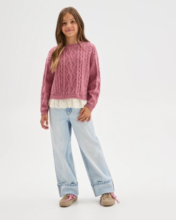 Cable Knit Lace Hem Sweater