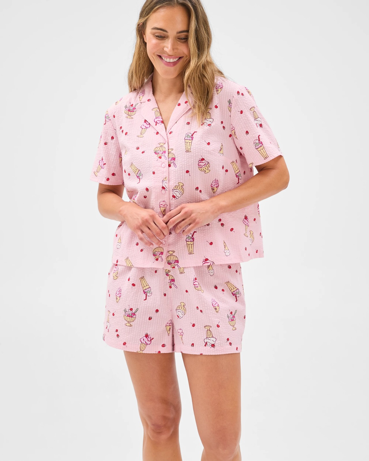 Cotton Seersucker Top & Shorts Pyjama Set - Pink Ice Cream 4 of 6