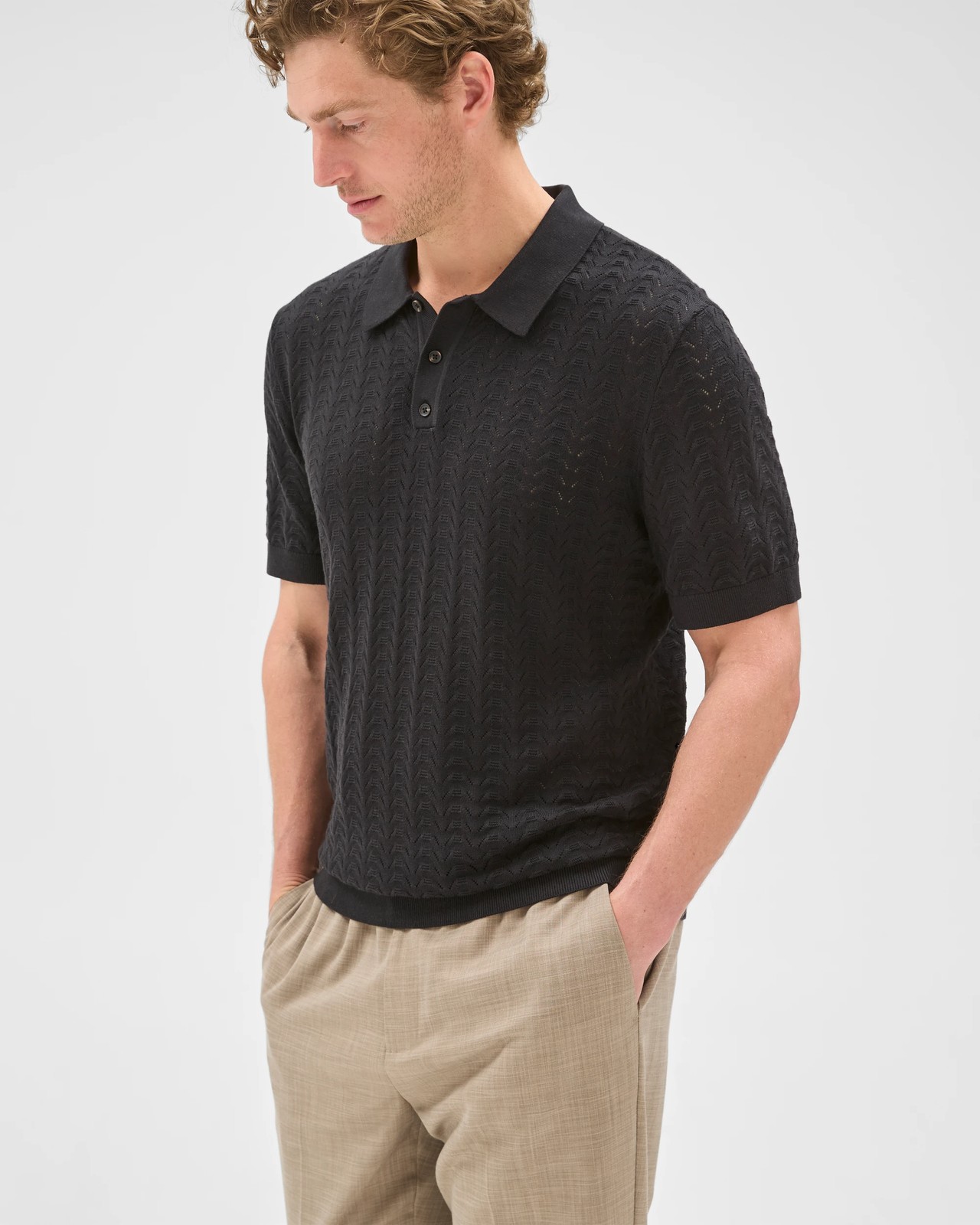 Preview Knitted Textured Polo Top - Black 4 of 6