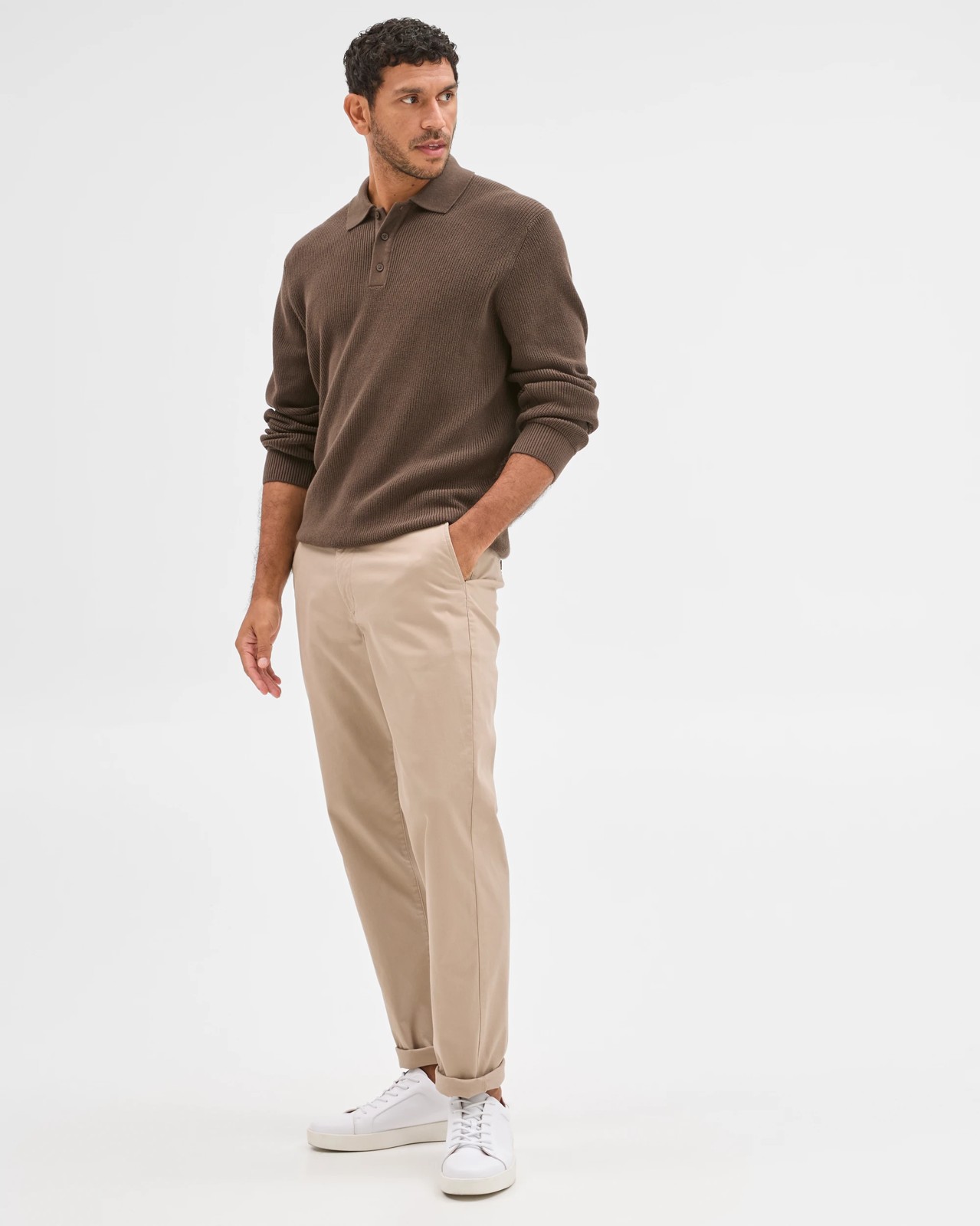 Australian Cotton Lightweight Long Sleeve Polo Neck Knit Sweater - Chocolate 2 of 6