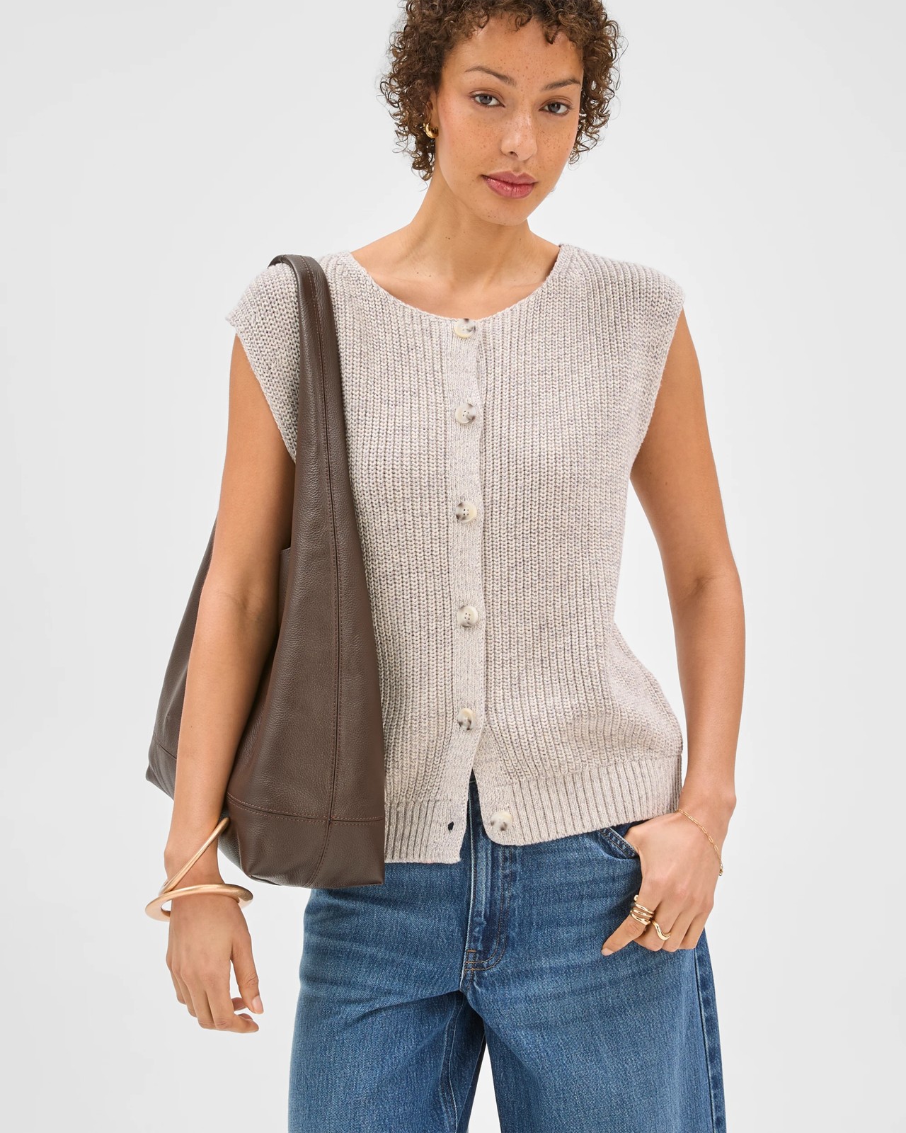 Australian Cotton Button Through Twist Knitted Vest - Pumice 2 of 6