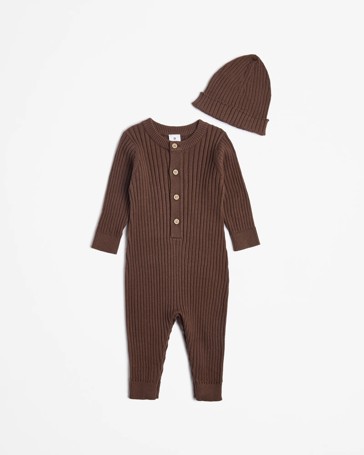 Baby Organic Cotton Ribbed Knit Romper With Beanie