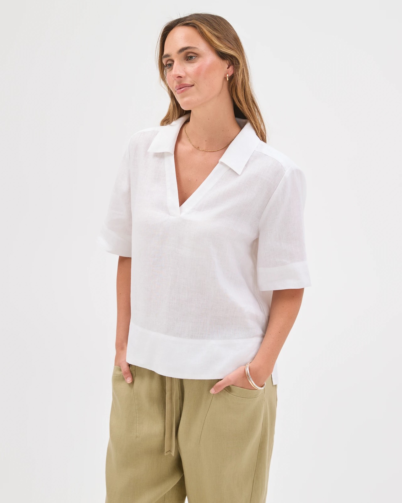 European Linen Short Sleeve A-Line Popover Shirt - White 5 of 6