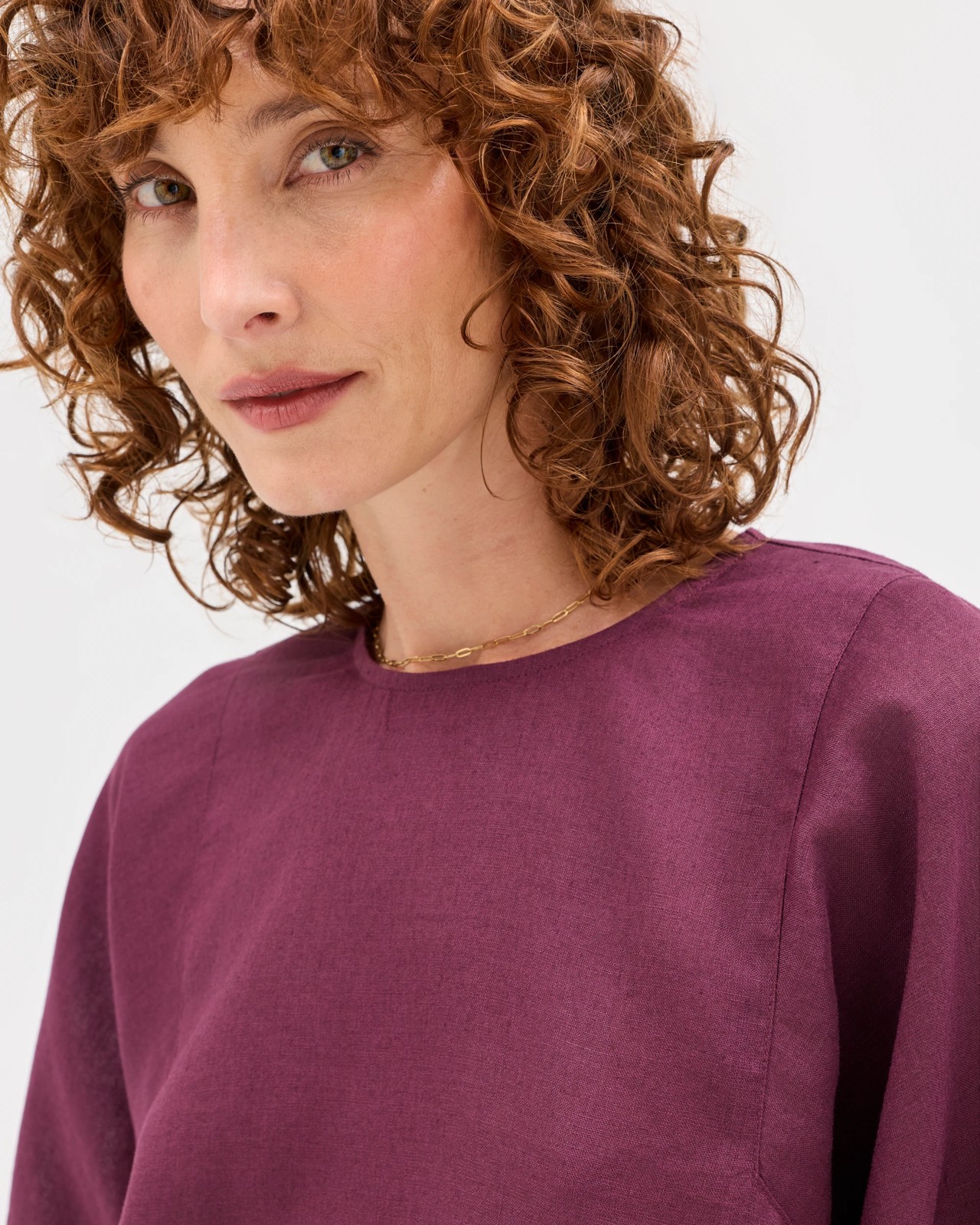 European Linen Boxy Seamed T-Shirt  - Merlot 3 of 6