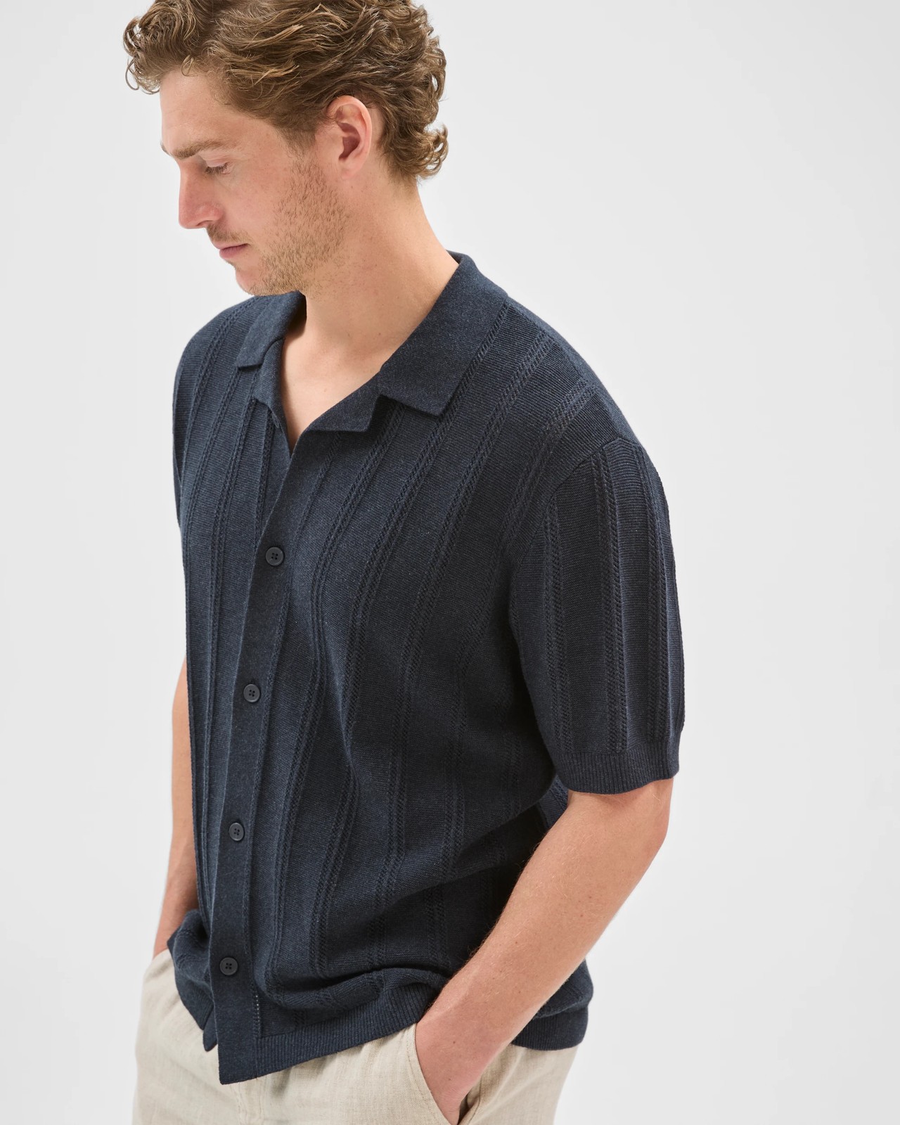 Australian Cotton Short Sleeve Textured Stripe Knit Shirt - Navy 4 of 6