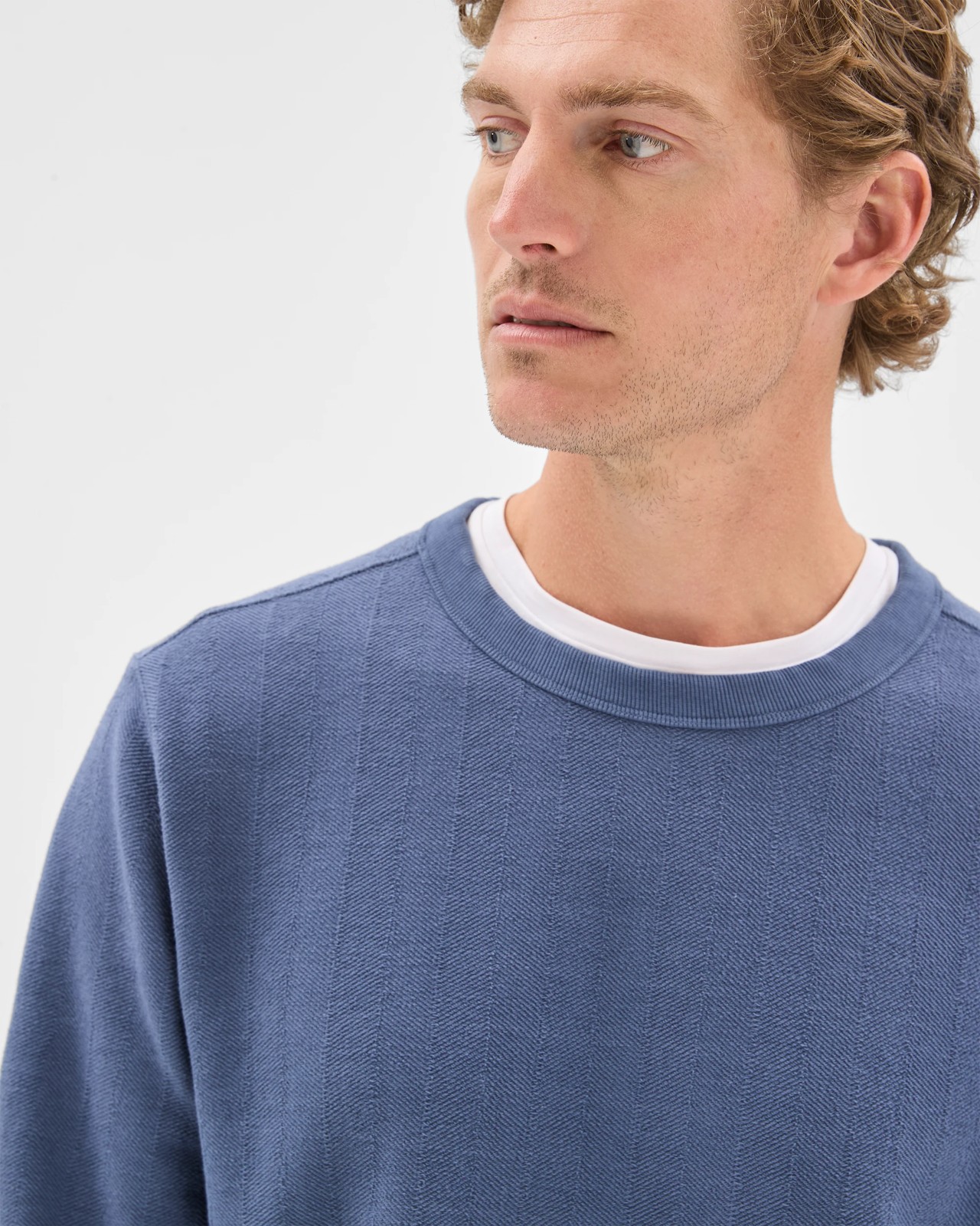 Australian Cotton Herringbone Long Sleeve Crew Neck Fleece Top - Blue Stone 5 of 6