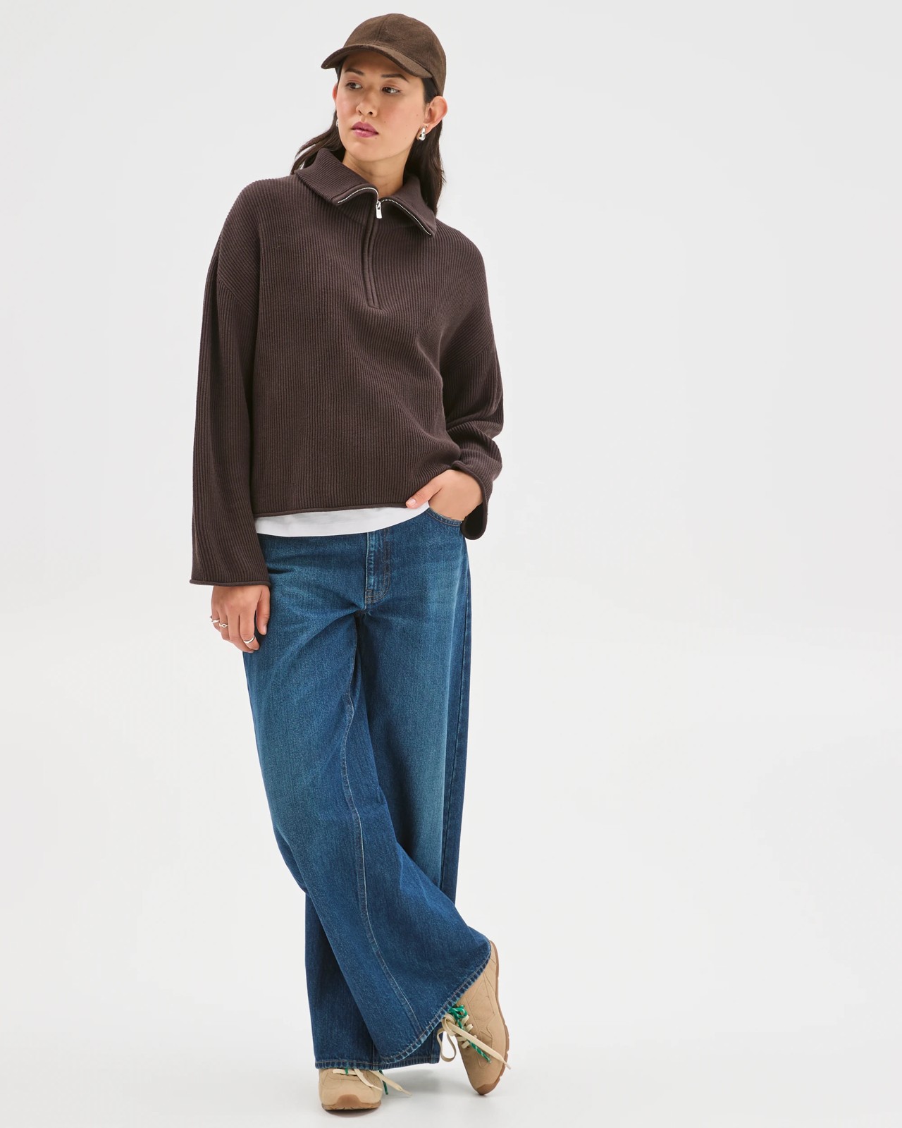 Australian Cotton Blend Zip Collar Sweater - Brunette 2 of 5