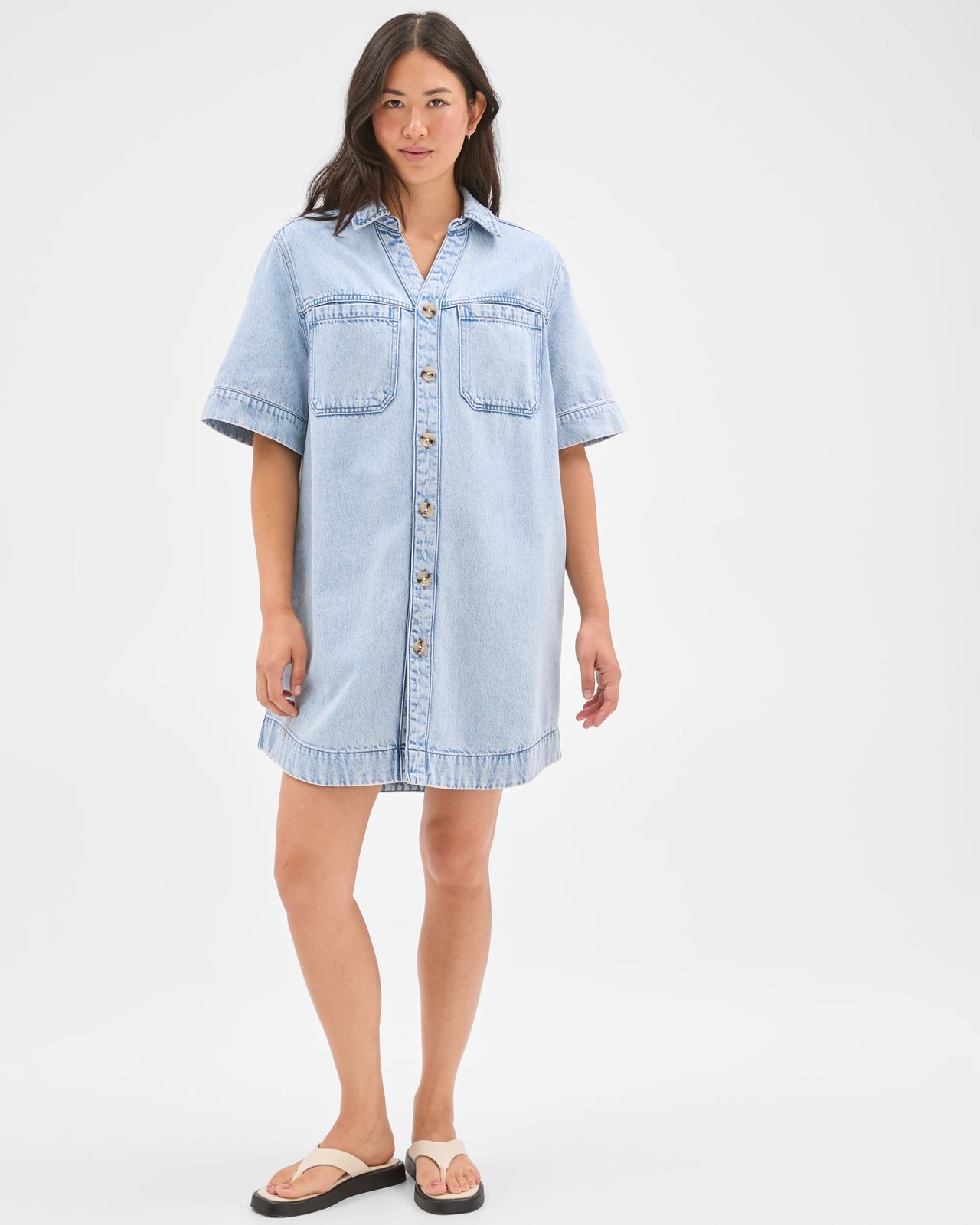 Short Sleeve V-Neck Denim Shirt Dress 2 of 5