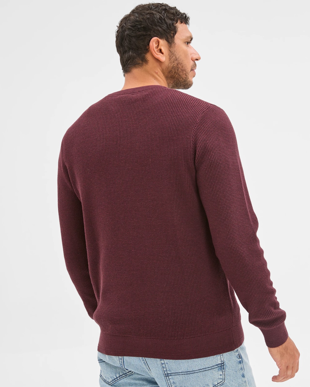 Australian Cotton Lightweight Waffle Knit Crew Neck Jumper - Oxblood Marle 5 of 6