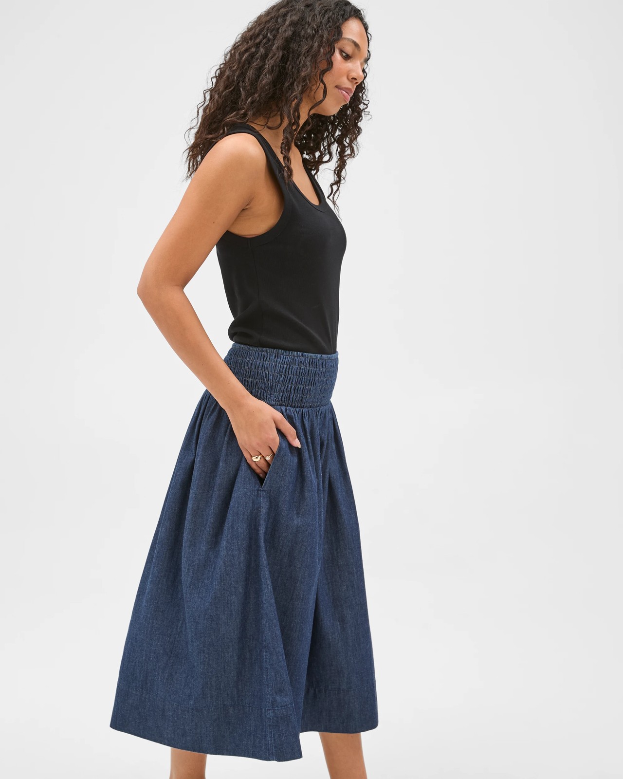 Cotton Shirred Midi Chambray Skirt 5 of 6