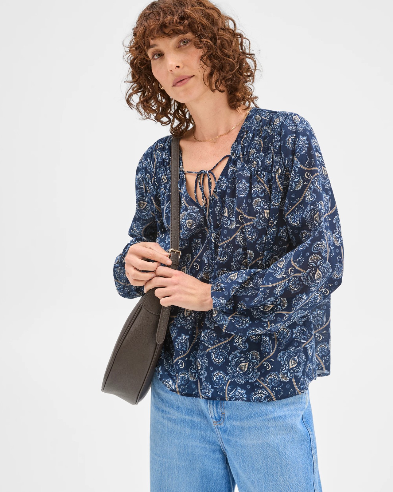 Australian Cotton Long Sleeve Print Gather Detail Blouse - Paisley 3 of 5