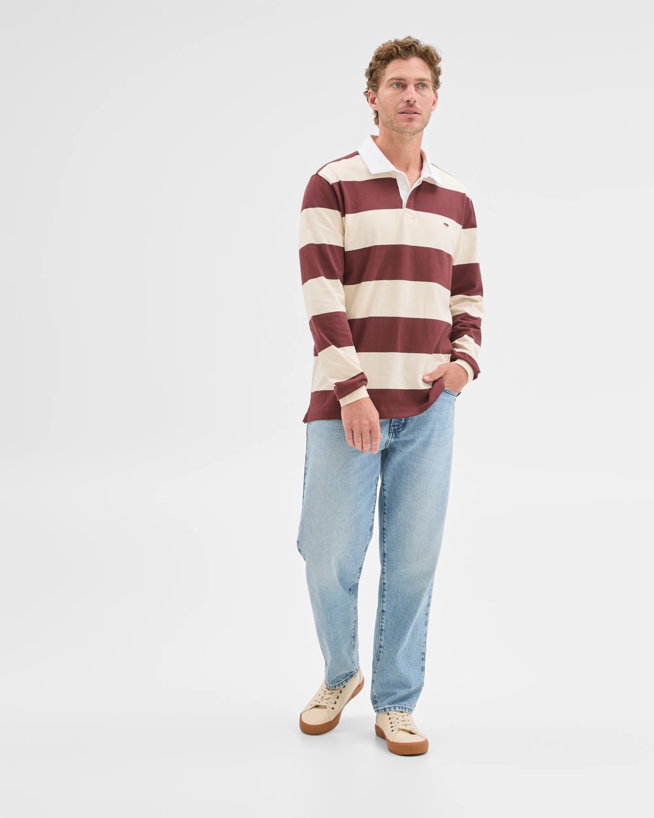 Australian Cotton Long Sleeve Rugby Polo Top - Stone Stripe 2 of 5